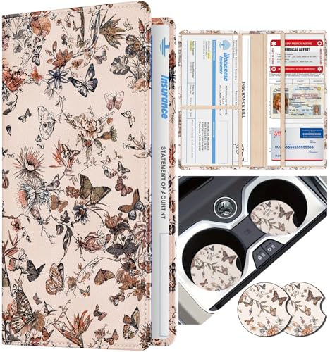 Slohif Car Registration and Insurance Holder - Vintage Vehicle Glove Box Organizer Women with Magnetic Shut Leather Automobile License Holders Coasters Auto Accessories Case for Document - color: Vintage Butterflies