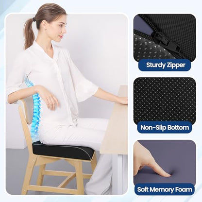 Seat Cushion for Tailbone Pain Relief, Office Chair Cushion, Memory Foam Large Cushion with Non-Slip Cover for Soft Support at Office Chair, Car Seat, Airplane, Floor Pillow, Black/Large