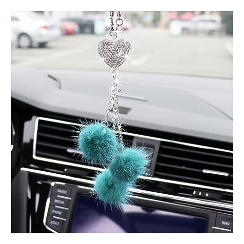 Ziciner Bling Diamond Heart Car Interior Accessories, Car Mirror Hanging Ornament for Women, Love Heart & Pink Plush Ball Decor Ornament Pendant (Peacock Blue) - color: Peacock Blue