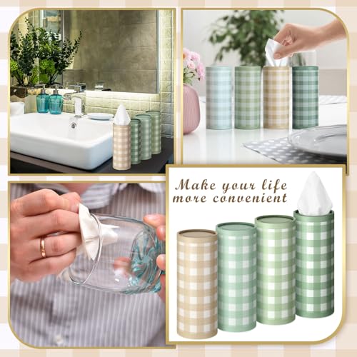 12 Set Green Plaid Tissue Boxes for Car Cylinder Bulk Fresh Plaid Round Cylinder Holder with 3 Ply Facial Tissues for Spring Summer Travel Bathroom Office Decoration - style: Green Plaid