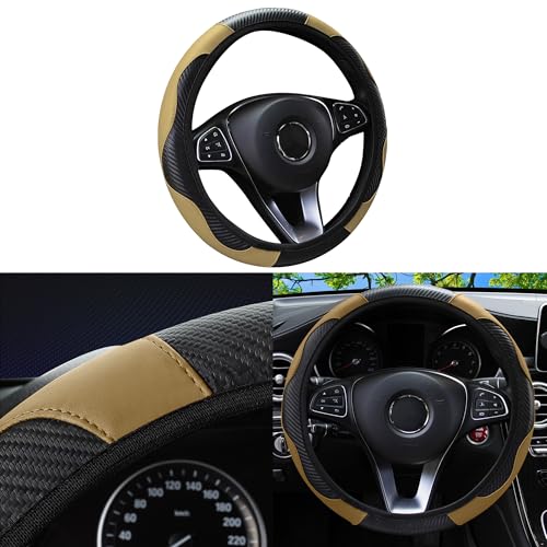 Car Steering Wheel Cover, 15 inch Carbon Fiber Microfiber Anti-Slip Breathable PU Leather Elastic Steering Wheel Protector, Car Interior Accessories for Most Cars (Beige) - color: Beige