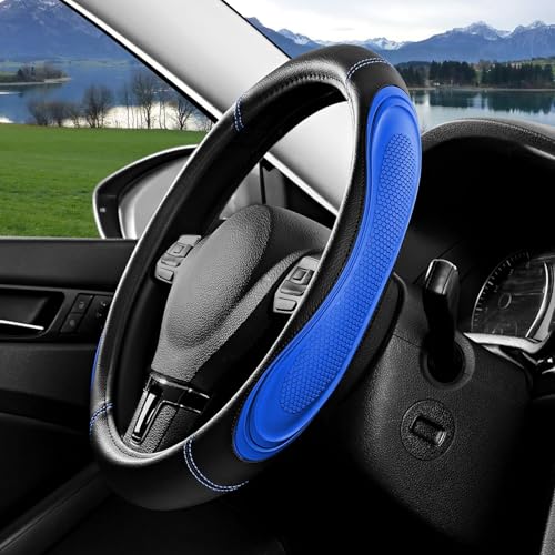 Blue Film Splicing Leather Steering Wheel Cover, Microfiber Leather, Anti-Slip, Breathable, Universal Fit for 14.5–15 in Steering Wheel Cover for Men Women - color: Film-Grained - Blue