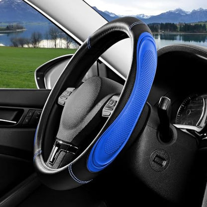 Blue Film Splicing Leather Steering Wheel Cover, Microfiber Leather, Anti-Slip, Breathable, Universal Fit for 14.5–15 in Steering Wheel Cover for Men Women - color: Film-Grained - Blue