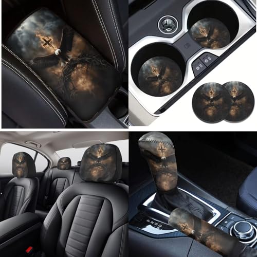 16 Pieces Car Seat Covers Full Sets, Eagle Cross Print Front Rear Seat Cover for Cars, Steering Wheel Cover Seat Belt Pads Arm Rest Covers Coaster Keychain, Universal Fit Auto Accessories - color: Black and Yellow - Eagle Cross