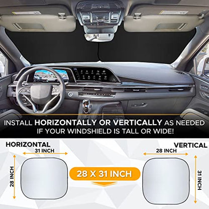 EcoNour Windshield Sun Shade Cartoon Design Medium Size (31" L x 28" W), Funny Printed Car Sunshade Foldable, 240T Polyester Blocks Heat and UV Rays for Front Window Protection - size: Medium-Dog & Cat