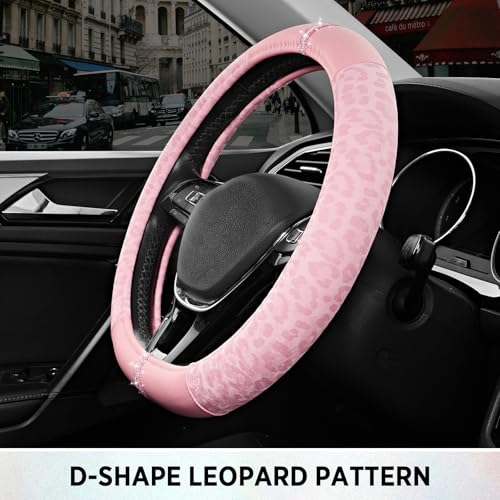 Road Comforts Leopard Steering Wheel Cover for Women, Cute Anti-Slip Microfiber Leather, Fits D Shape Flat Bottom Steering Wheel 14.5-15 Inch - Pink and Pink Leapoard - color: D Shape-All Pink