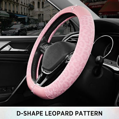 Road Comforts Leopard Steering Wheel Cover for Women, Cute Anti-Slip Microfiber Leather, Fits D Shape Flat Bottom Steering Wheel 14.5-15 Inch - Pink and Pink Leapoard - color: D Shape-All Pink