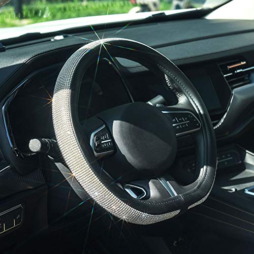 ChuLian D Sharp Diamond Leather Steering Wheel Cover with Bling Bling Crystal Rhinestones, Universal Fit 15 Inch Car Wheel Protector for Women Girls,Black - color: D-Shape Black with White Diamonds, size: D-Shape[14"1/2-15"]