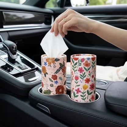 EUOYUFO 200 Sheets Car Tissues with 4 Pack Floral Cylinder Holder Round Portable Travel Tubes Box Container Tissue for Car Cup Holders Home Bathroom Office