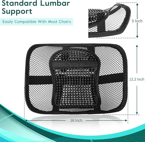 Mesh Back Lumbar Support, Back Support Seat Cushion with Breathable Mesh for Office Chairs Car 12” x 16” - color: Black