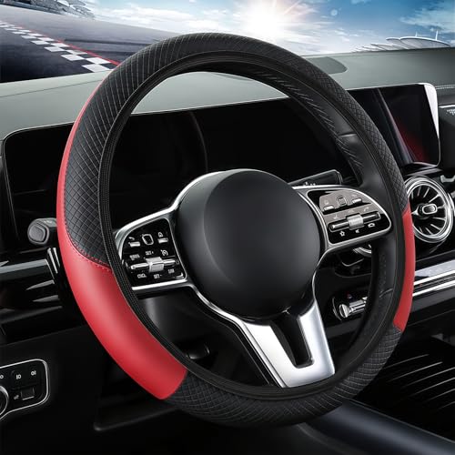 Leather Car Steering Wheel Cover, 15 Inch Anti-Slip Carbon Fiber Black Steering Wheel Cover, Universal Car Interior Accessories for Trucks Sedans SUVs (AD-Black & Red) - color: AD-Black & Red