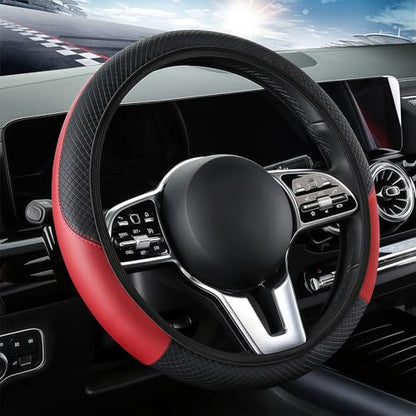 Leather Car Steering Wheel Cover, 15 Inch Anti-Slip Carbon Fiber Black Steering Wheel Cover, Universal Car Interior Accessories for Trucks Sedans SUVs (AD-Black & Red) - color: AD-Black & Red