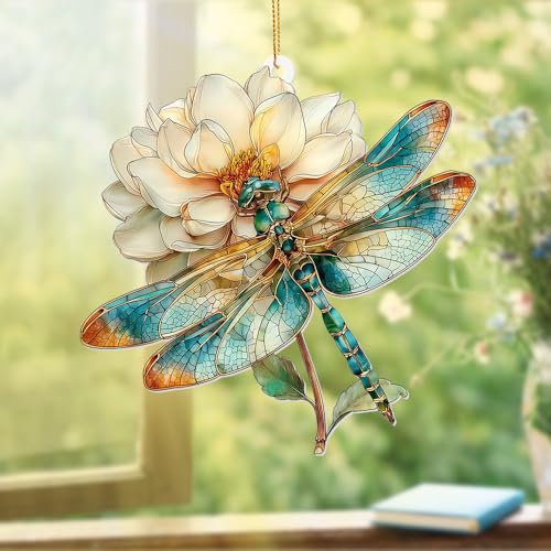 Dragonfly Ornament Stained Glass Style – Acrylic Window Hanging Suncatcher with Flower, Dragonfly Gifts for Women, Christmas Tree Ornament, Whimsical Home & Garden Décor(Sun-21) - color: Sun-21