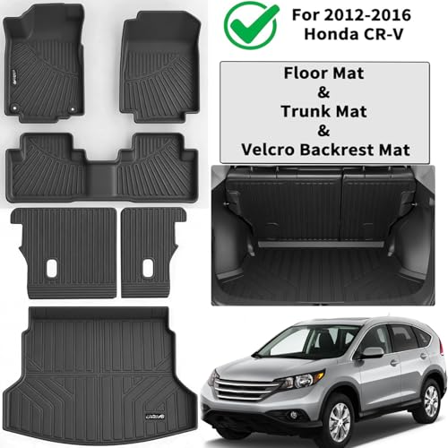 All Weather Floor Mats for Honda CRV 2016 2015 2014 2013 2012 2011 TPE Rubber Liners CR-V Odorless Anti-Slip Car Floor Liners-1st & 2rd Row & Cargo Mat Covering The Backrest Full Set - size: 12-16丨CRV full mat