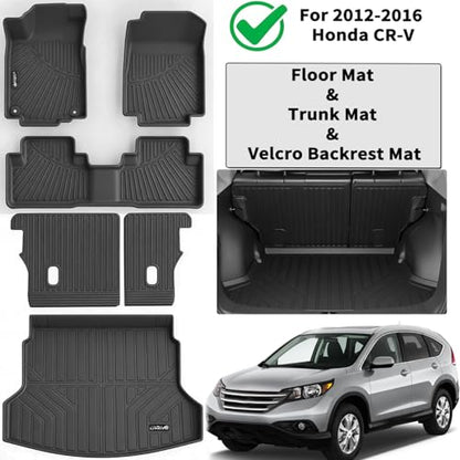 All Weather Floor Mats for Honda CRV 2016 2015 2014 2013 2012 2011 TPE Rubber Liners CR-V Odorless Anti-Slip Car Floor Liners-1st & 2rd Row & Cargo Mat Covering The Backrest Full Set - size: 12-16丨CRV full mat