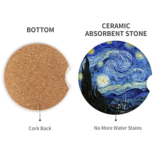 Car Coasters for Drinks Absorbent, 2 Pack Cup Holders, 2.56" Ceramic Stone & Non-Scratch Cork Base Coasters Cupholder, Auto Accessories for Women & Men Abstract Oil Painting