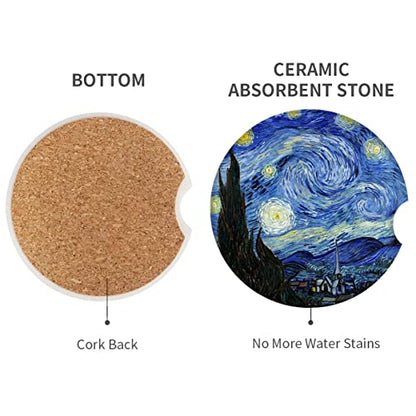 Car Coasters for Drinks Absorbent, 2 Pack Cup Holders, 2.56" Ceramic Stone & Non-Scratch Cork Base Coasters Cupholder, Auto Accessories for Women & Men Abstract Oil Painting