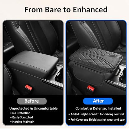 Car Center Console Cover with Storage Bags, Leather Armrest Pad Protector for SUV, Sedan, Truck Interior Accessories (Black)