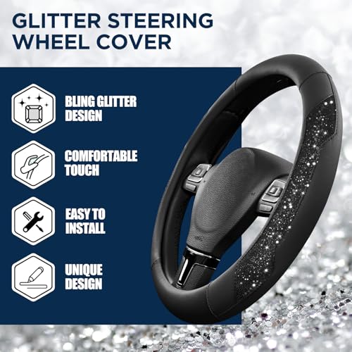 PIC AUTO Steering Wheel Cover, Black Sparkly Crystal Bling Glitter with Leather, Universal Fit 14.5"-15.5" Car Steering Wheels for Girls & Women, Anti-Slip Wheels Cover for Cars, Trucks, Van, SUVs - color: Black Glitter