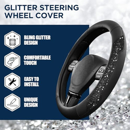 PIC AUTO Steering Wheel Cover, Black Sparkly Crystal Bling Glitter with Leather, Universal Fit 14.5"-15.5" Car Steering Wheels for Girls & Women, Anti-Slip Wheels Cover for Cars, Trucks, Van, SUVs - color: Black Glitter
