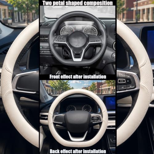D Shaped Steering Wheel Cover, Flat Bottom Car Wheel Cover 14 1/2-15 inch (37-39 cm), Non-Folding Packaging, Microfiber Leather, Black and Light Creamy White - color: Light Creamy White, size: D Shaped: Medium 14 1/2''-15''