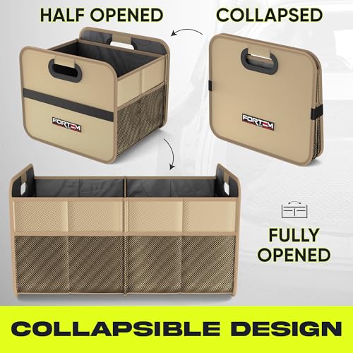 FORTEM Car Trunk Organizer, Collapsible Two Compartment Organizer, Foldable SUV & Truck Storage for Car Accessories for Women Men, Non Slip Bottom, Sturdy Side Walls, Strong Handles, 45L