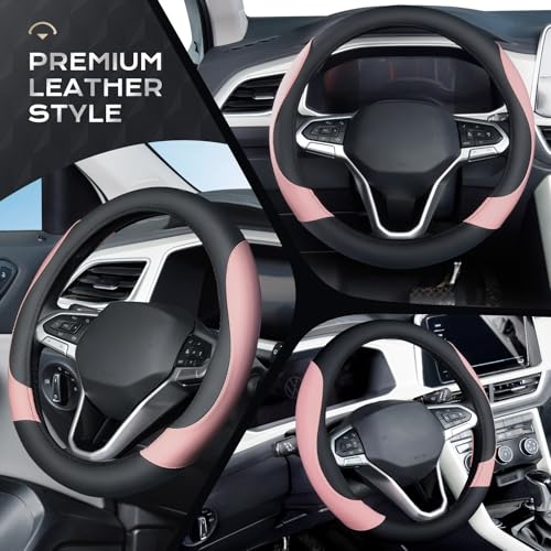 Coverado Car Steering Wheel Cover, Nappa Leather Black & Pink Steering Wheel Covers for Women, Universal 14-15 inch, Anti-Slip, Breathable Steering Wheel Protector - color: B-BlackPink