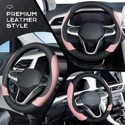 Coverado Car Steering Wheel Cover, Nappa Leather Black & Pink Steering Wheel Covers for Women, Universal 14-15 inch, Anti-Slip, Breathable Steering Wheel Protector - color: B-BlackPink