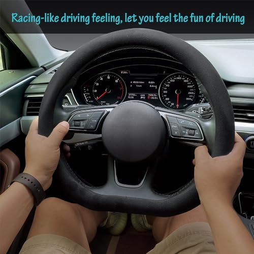 Suede Steering Wheel Cover ， Non-Slip Leather Car Interior Fitting 15-inch Universal（D-Shape,Black）