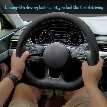 Suede Steering Wheel Cover ， Non-Slip Leather Car Interior Fitting 15-inch Universal（D-Shape,Black）
