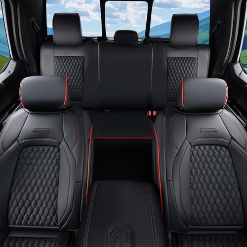 Coverado Seat Covers for Dodge Ram 1500, Full Coverage Leather Car Seat Covers Waterproof Fit for 2010-2023 2500 3500 Dodge RAM Automotive Seat Covers Protector for Trucks Ram, Red line - color: Red line, size: Curved Front&Flat Rear