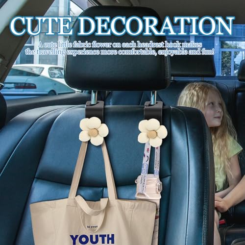 4PCS Car Seat Headrest Hook, Cute Flower Car Seat Back Hanging Hook, Auto Seat Purse Hanger Organizer for Handbag Clothes Coat Grocery Bag, Universal Interior Car Accessories (White)