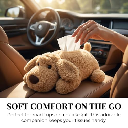 Puppy Plush Tissue Box Holder for Car Soft Stuffed Dog Paper Case Cute Animal Napkin Dispenser for Vehicle Home Office Decoration