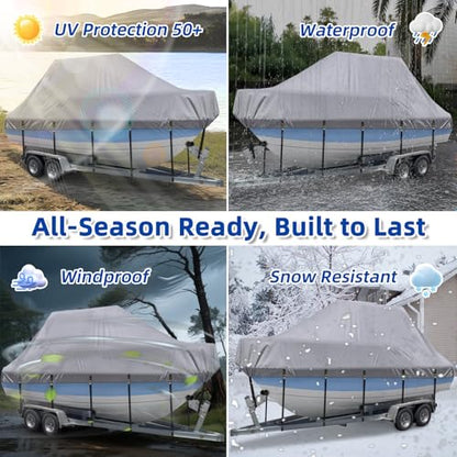 Marine Grade Waterproof Center Console Boat Cover with T Top Roof, Tear Resistant Trailerable Storage Covers, All-Weather Protection T-Top Boat Cover 18-20 ft, Beam Width Up to 102", Gray
