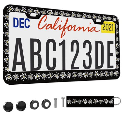 1pcs Black and White Daisy License Plate Frame for Women, Daisies Floral car Decorative tag Frames Girly, Flower License Plate Cover Holder for Vehicle with Double Sided car Keychain tag - color: for black white daisies flower art, size: 1pcs