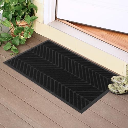 16" x 24" Black Front Door Mat Indoor Outdoor, Low Profile Welcome Doormat for Entrance, Waterproof All-Weather Entry Mat for High Traffic Area - color: Black, size: 1'4" x 2' (Rectangular)