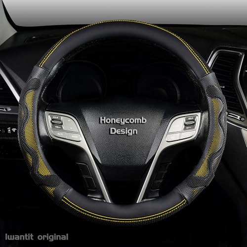 Iwantit® Steering Wheel Cover with 3D Honeycomb Anti-Slip Design and Breathable Fabrics and Pu Leather, Universal 14.5-15 Inch (Yellow/Black) - color: 004-Yellow/Black