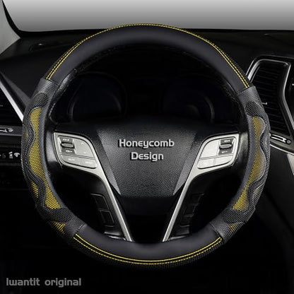 Iwantit® Steering Wheel Cover with 3D Honeycomb Anti-Slip Design and Breathable Fabrics and Pu Leather, Universal 14.5-15 Inch (Yellow/Black) - color: 004-Yellow/Black