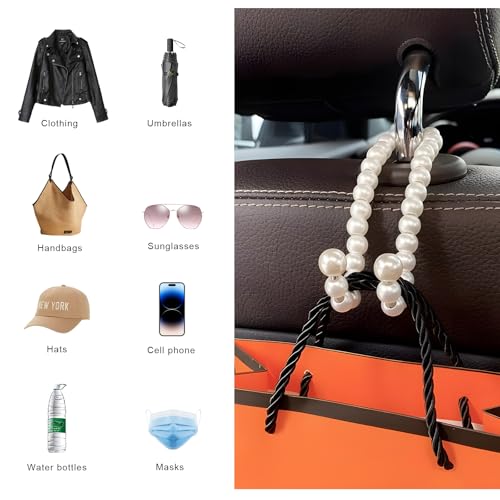 2PCS Elegant Pearl Car Seat Headrest Hook, Cute Vehicle Back Seat Hanger Purse Hook, Auto Interior Decor Strong Load-Bearing Headrest Hanger for Handbag Keys Grocery Bags
