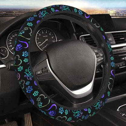 Paw Print Heart Print Steering Wheel Cover Anti-Slip,Sweat Absorption Universal 15 inch Steering Wheel Covers Cute car Accessories for Men Women - color: Black 1