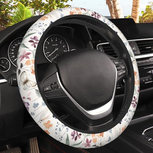 Watercolor Wildflowers Car Steering Wheel Cover, Non-Slip Absorbing Sweat Car Wheel Cover Accessories for Men Women,Universal 15" Fit Auto SUV Vans Trucks - color: Watercolor Wildflowers