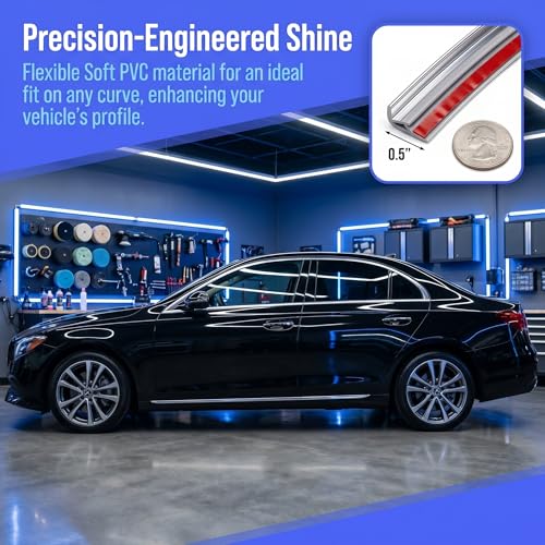 1/2 Inch Wide Silver Chrome Tape for Cars 16.4ft Scratch-Proof Glossy Automotive Trim Molding Universal Decorative Chromes Trim Strip Tape for Cars Trucks RV Doors Windows Bumpers Car Accessories