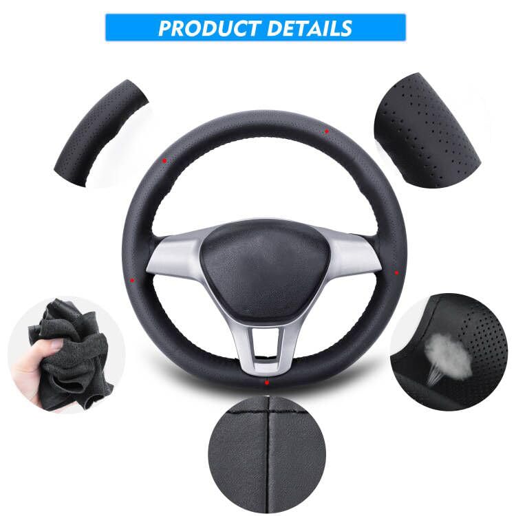 Carodi Leather Steering Wheel Cover, Breathable Non-Slip Design, Soft and Comfortable Feeling, Universal 15 Inch Auto Car Steering Wheel Stitch on Wrap（Size M, Black） - color: Black, size: M