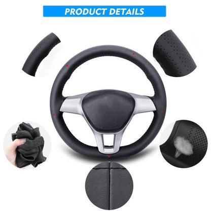 Carodi Leather Steering Wheel Cover, Breathable Non-Slip Design, Soft and Comfortable Feeling, Universal 15 Inch Auto Car Steering Wheel Stitch on Wrap（Size M+, Black） - color: Black, size: M+