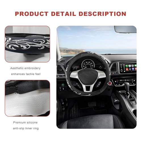 Car Steering Wheel Cover, 14.5-15 Inch Comfortable Anti-Slip Embroidery Auto Steering Wheel Protector, Breathable Leather Wheels Covers for Most Vehicles, Car Accessories (Black & White)