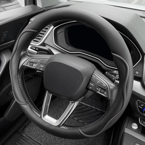 Nappa Leather Steering Wheel Cover. Stylish Striped Design, Universal fit for 14.5–15-inch Steering Wheels, Slip-Resistant and Breathable, Protects the Steering Wheel. Black - color: Black