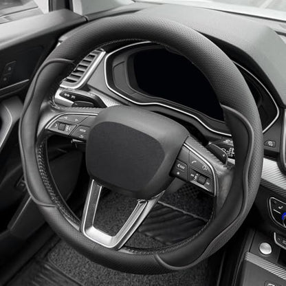 Nappa Leather Steering Wheel Cover. Stylish Striped Design, Universal fit for 14.5–15-inch Steering Wheels, Slip-Resistant and Breathable, Protects the Steering Wheel. Black - color: Black