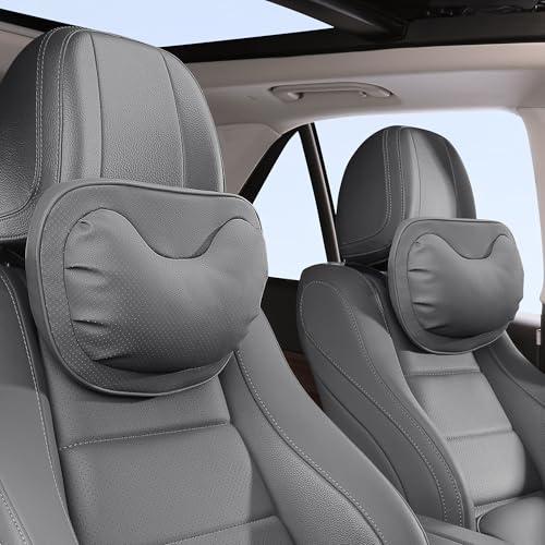 Car Neck Pillow [No More Pressure] Soft Comfortable Premium Leather Headrest with Adjustable Strap – Ergonomic Support for Driving, Office & Gaming, Gray, 2 Pack - color: Gray, size: Headrest-2P
