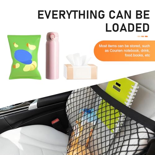 Car Front Seat Organizer, Passenger Seat Elastic Organizer Net with Buckle, Multifunctional Storage Net for Phone, Bottles, Toys, Universal for Cars, Trucks, SUVs (Black)