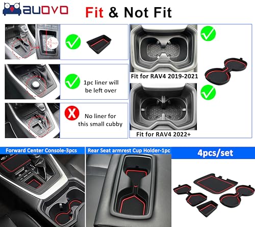Auovo 3D Cup Holder Insert Liners Compatible with Toyota RAV4 Accessories 2025 2024 2023 2022 2021 2020 2019 Car Custom Cup Holder Mats Pads 4-pc Set (Red Trim) - color: Red, size: 4PCS